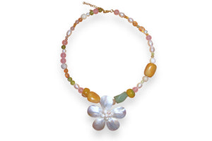Colorful Gemstone Pearl Flower Pendant Necklace